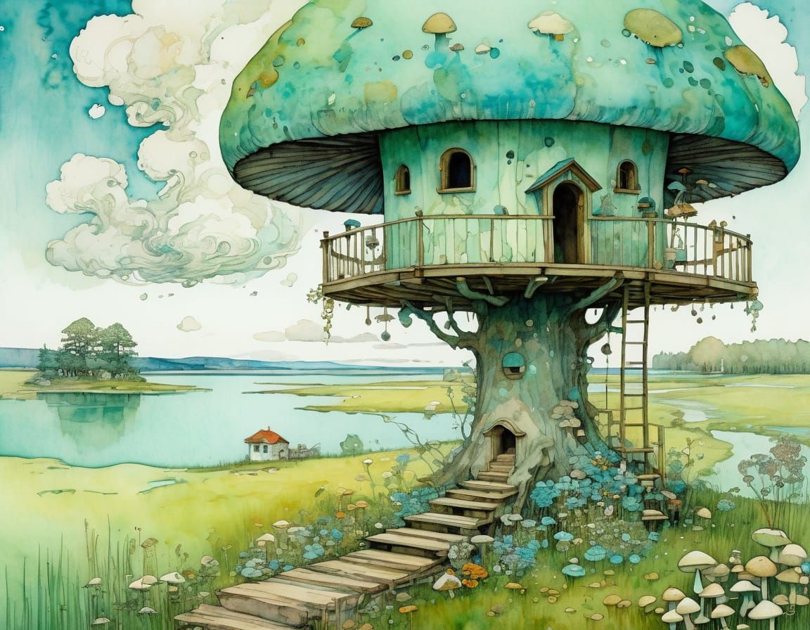 Mushroom Land Birdhouse in Art Nouveau Watercolor