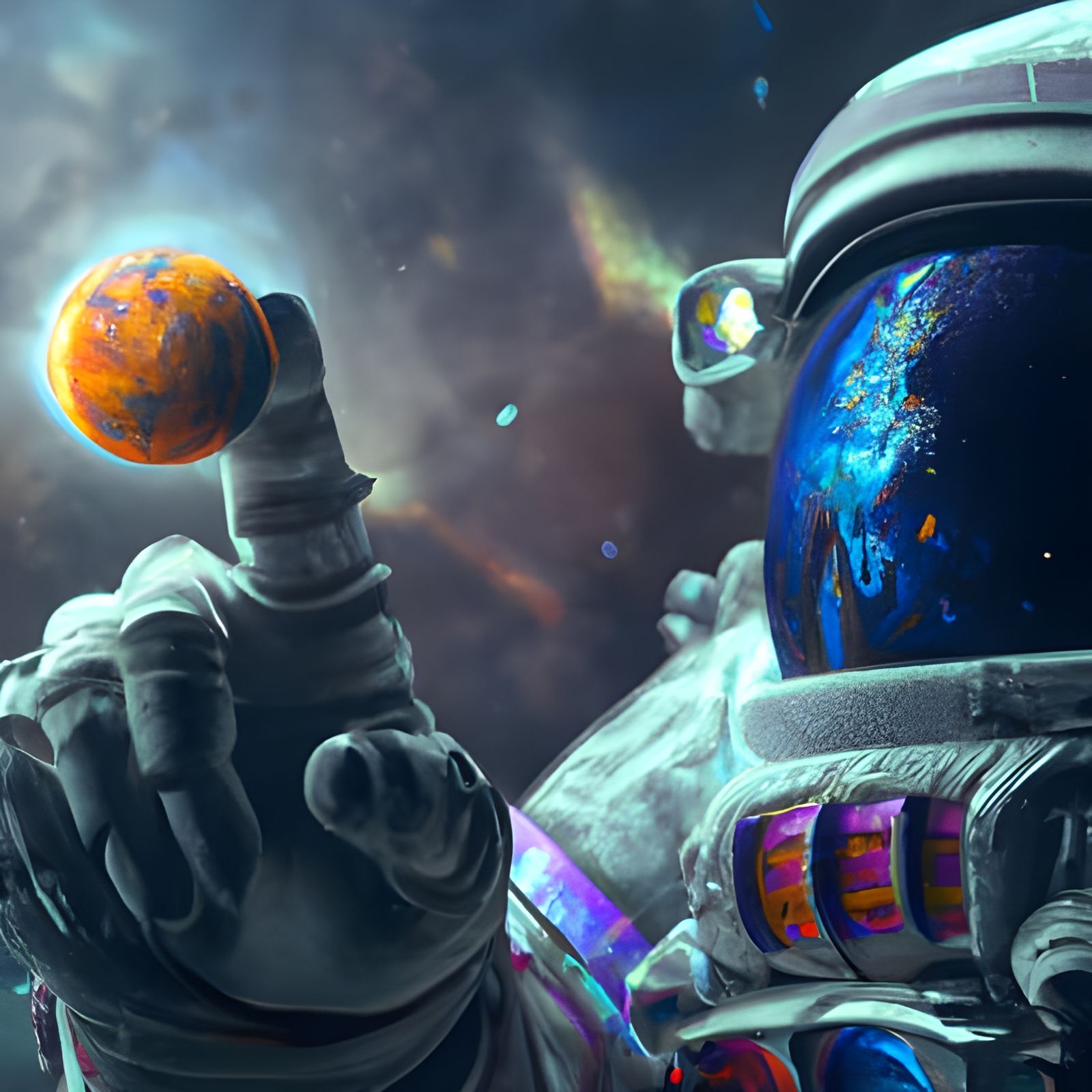 Astronaut Touching a Planet in Digital Painting