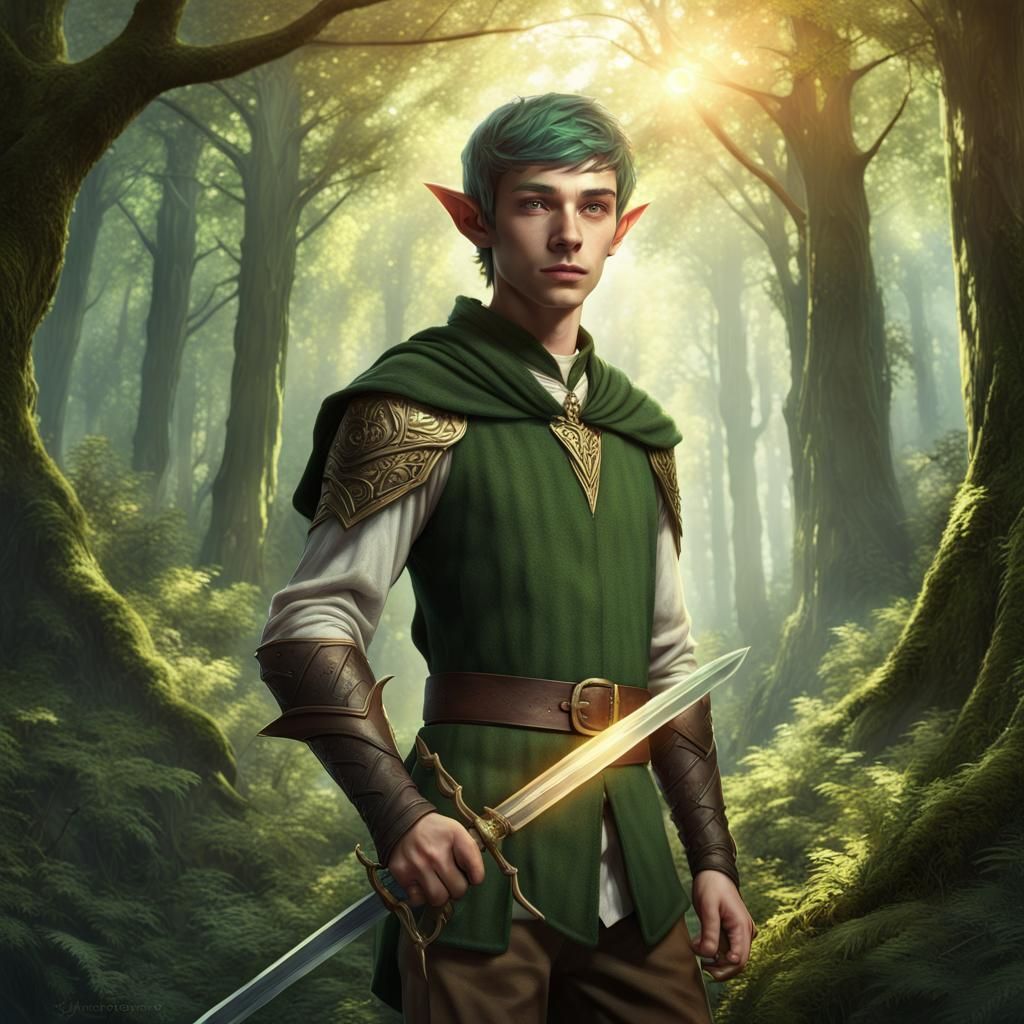 Young Elf Swordsman in Forest, Fantasy Art
