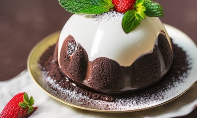 Hyperrealistic Lava Cake with Strawberry and Mint
