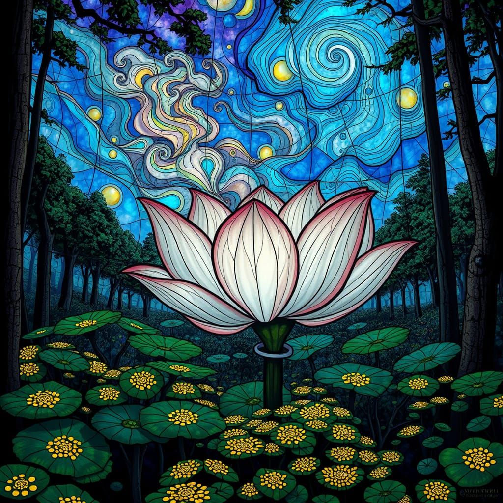 Surreal Forest Oasis with Stained Glass Lotus