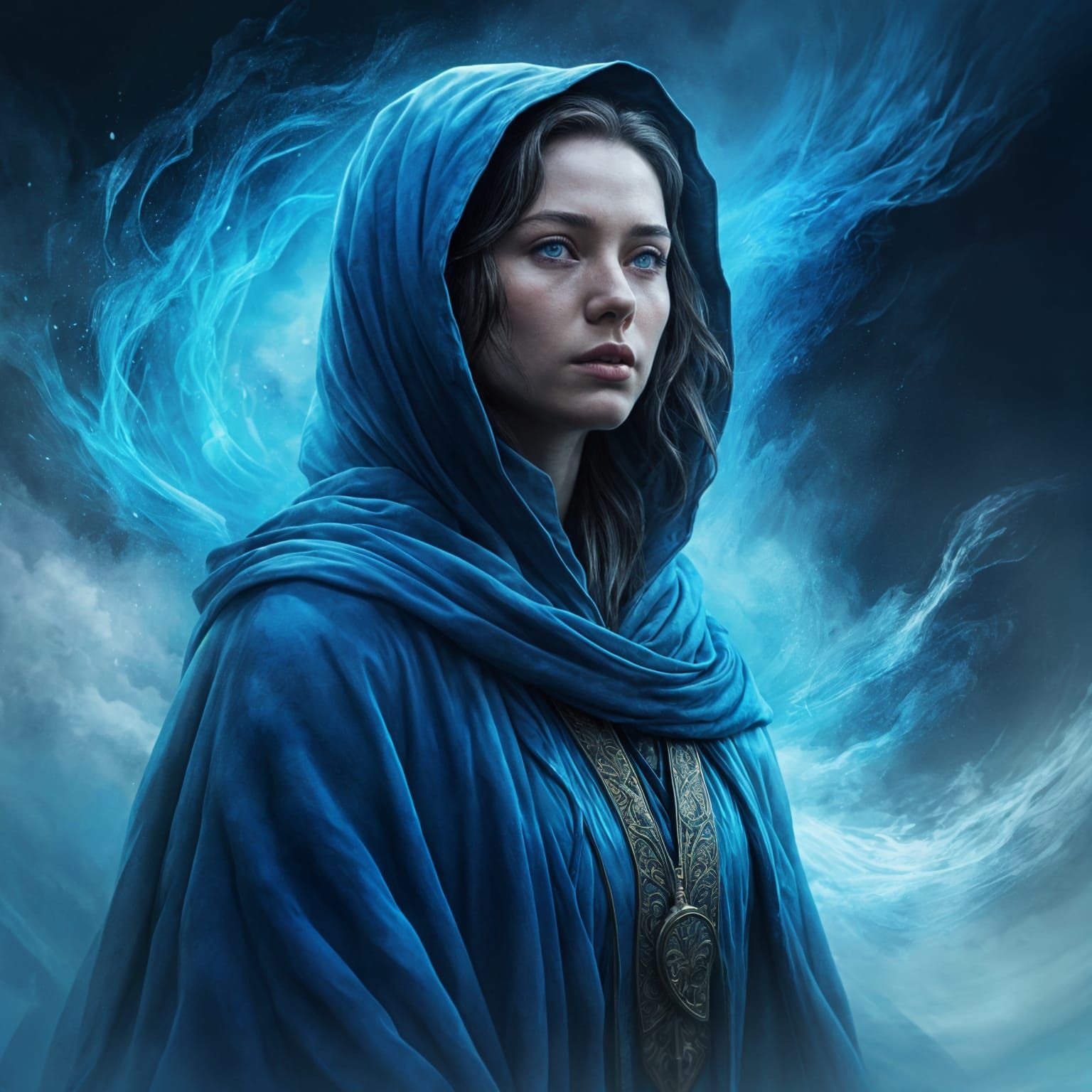 Woman in Blue Cloak Emerging from Mist