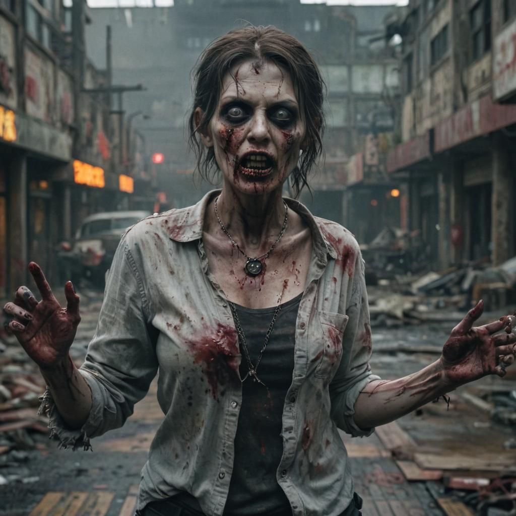 Cinematic Zombie in Dystopian Mall, Oil Painting