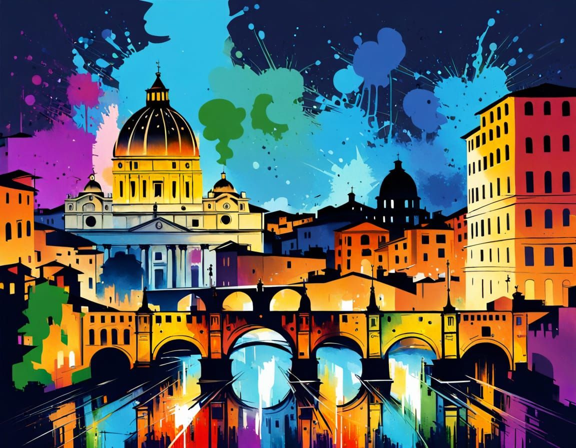 Vibrant Multicolored Rome Cityscape Splash Art