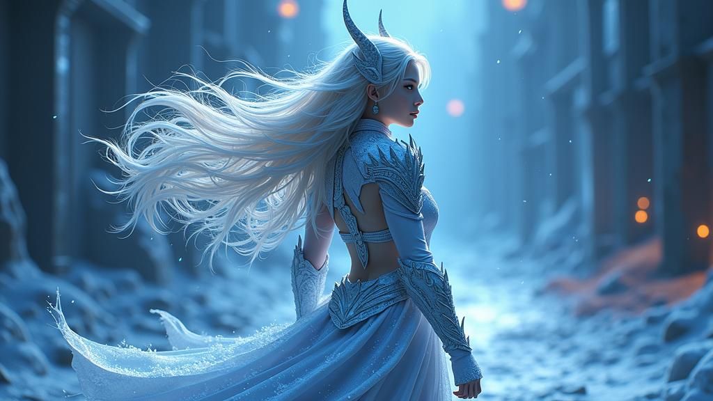 Platinum Blonde Demon in Dark Fantasy Cityscape