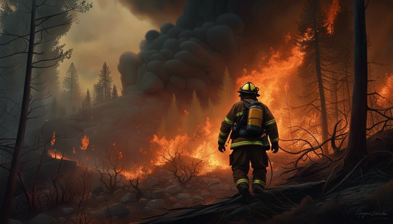 Fireman Battles Forest Fire: Dramatic Digital Painting