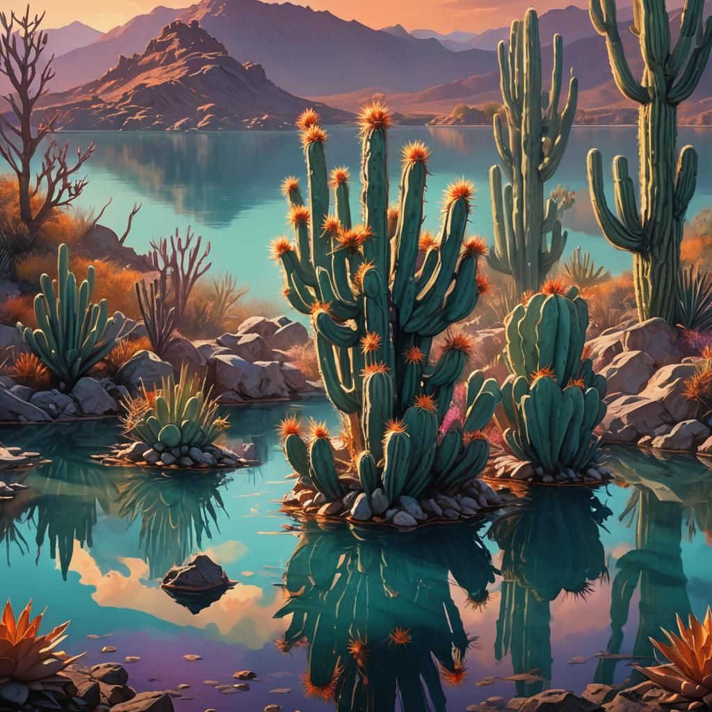 Copper Cactus on Serene Lake: Splash Art