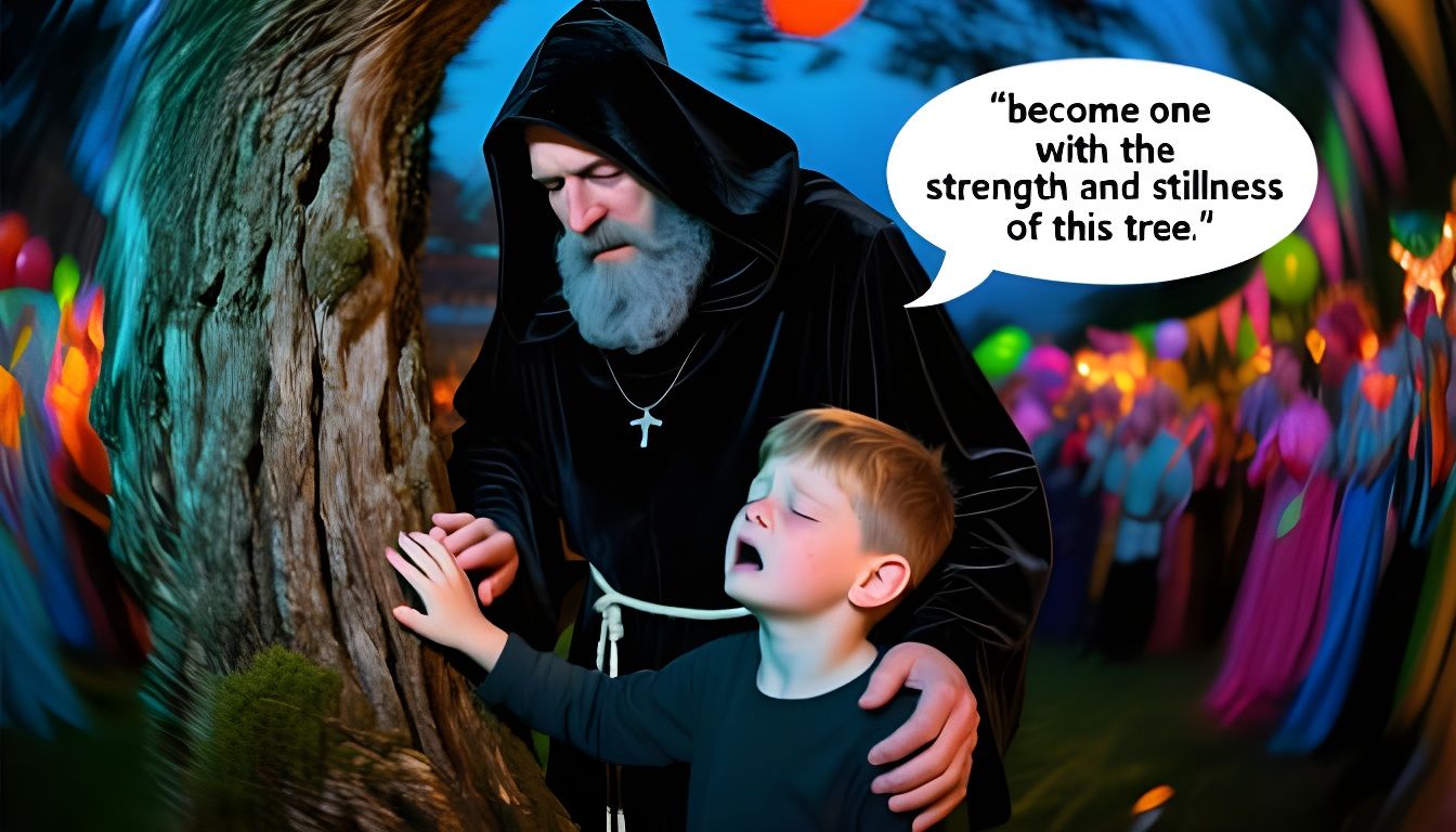 Gothic Monk Calms Autistic Son By Ancient Tree