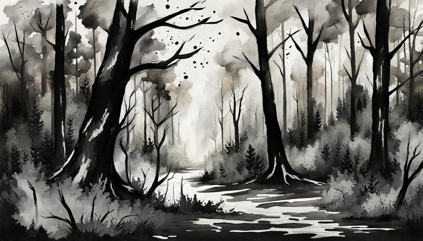 Stormy Forest Ink Splatter in Gouache Watercolor