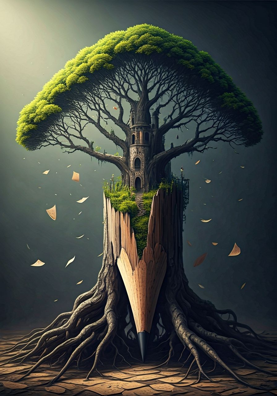 Surreal Tree of Graphite and Paper Grows from Giant Pencil