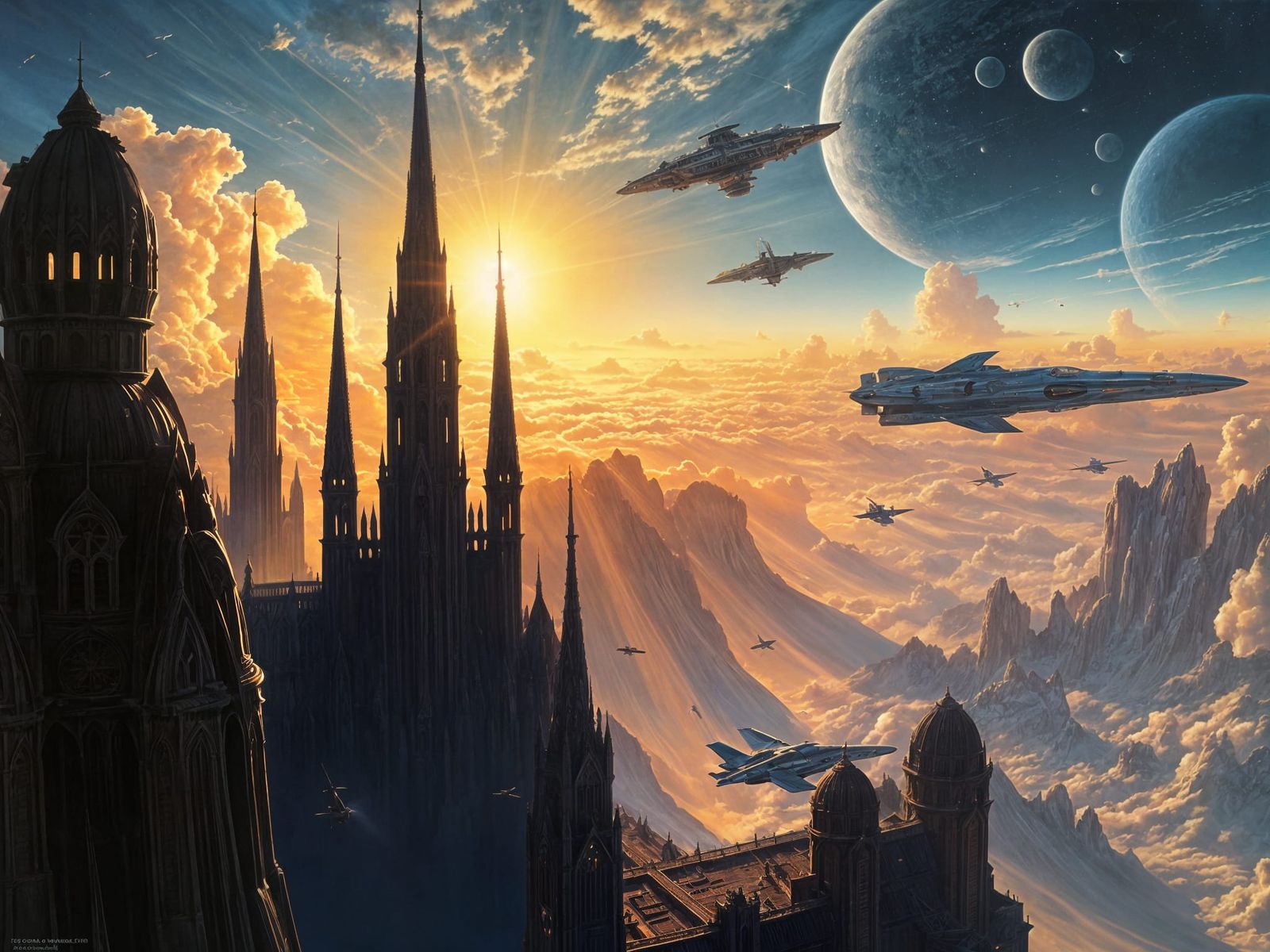 Cosmic Towers Rise into Starry Skies with Spacecraft in a Fu...