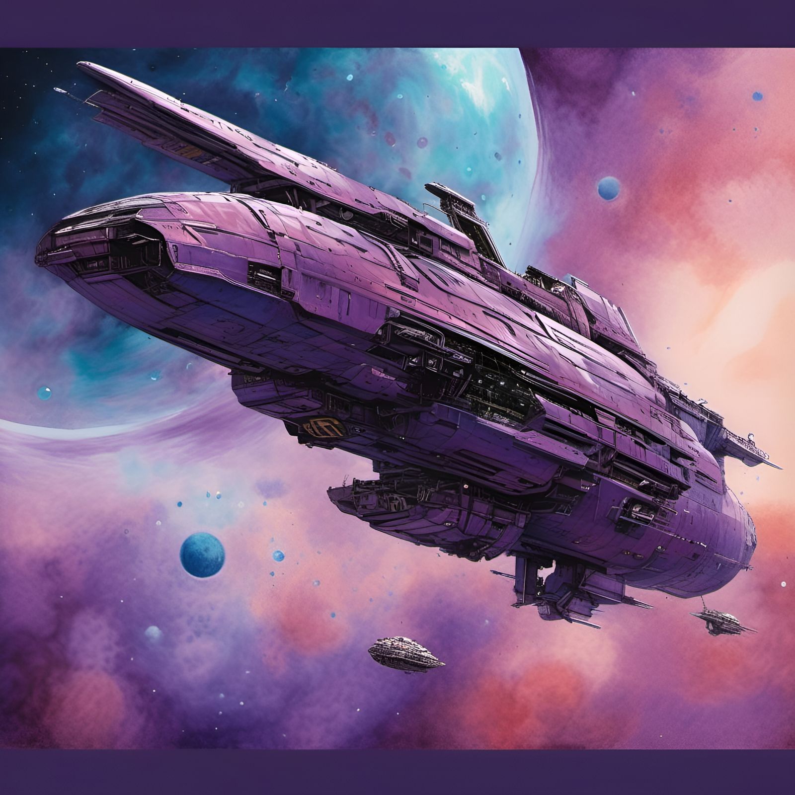 Futuristic Warship Conquering Nebula in Digital Watercolor