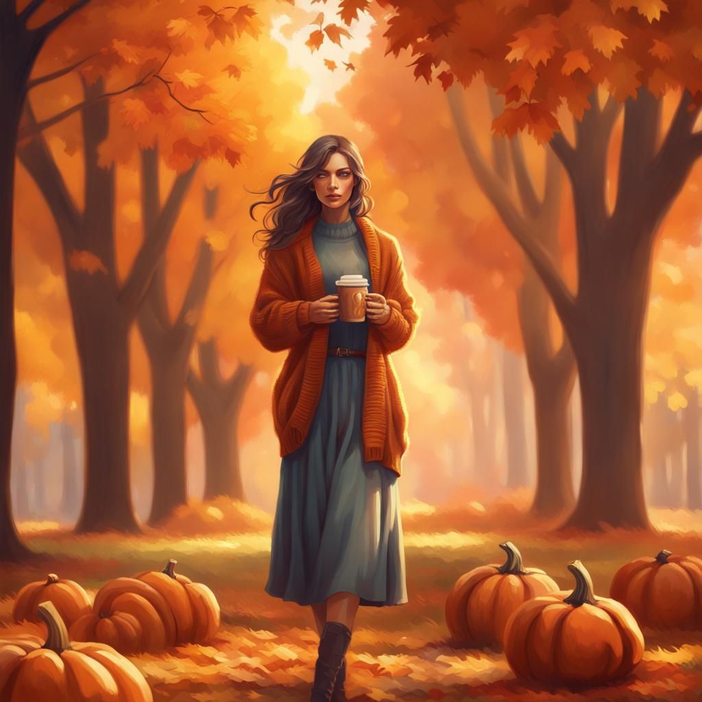 Autumn Girl Portrait with Coffee, Art Nouveau Style