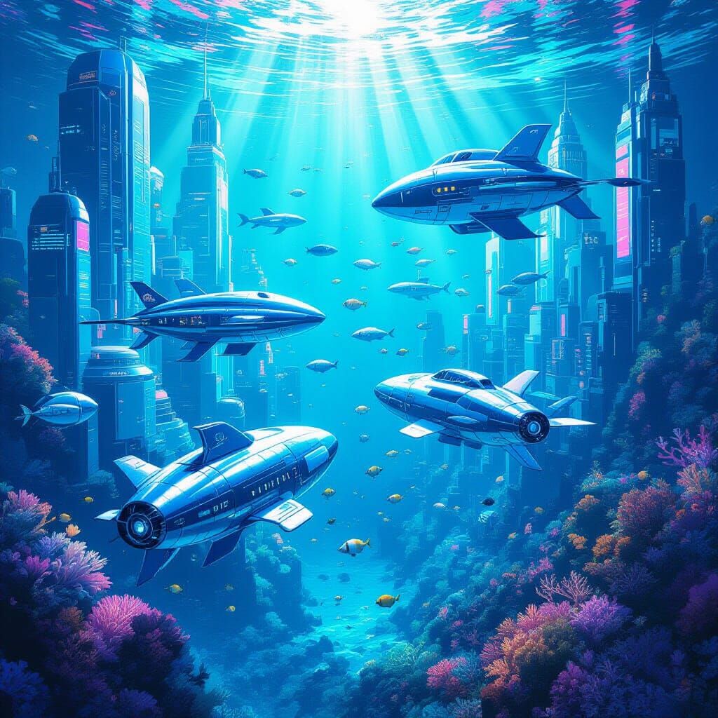 Bustling Underwater City in Anime Style