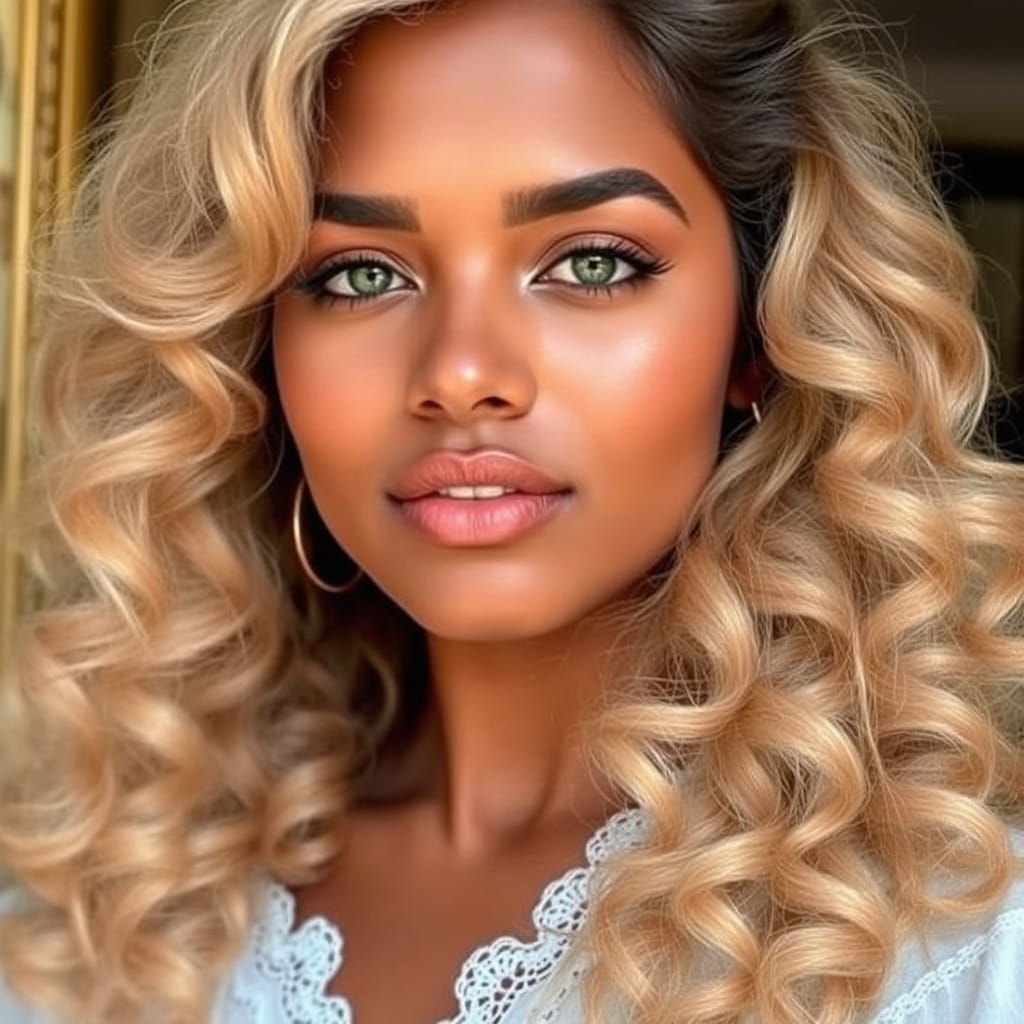 Glamorous Indian Goddess with Amber Skin and Strawberry Blon...