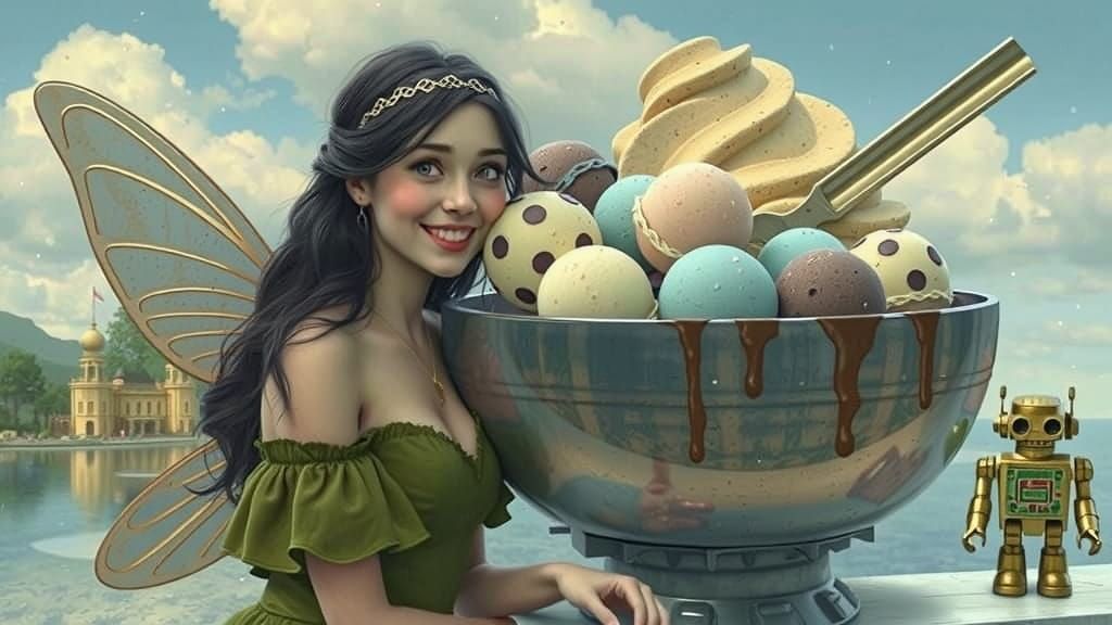 Fairy Woman with Ice Cream and Robot, Cinematic Style