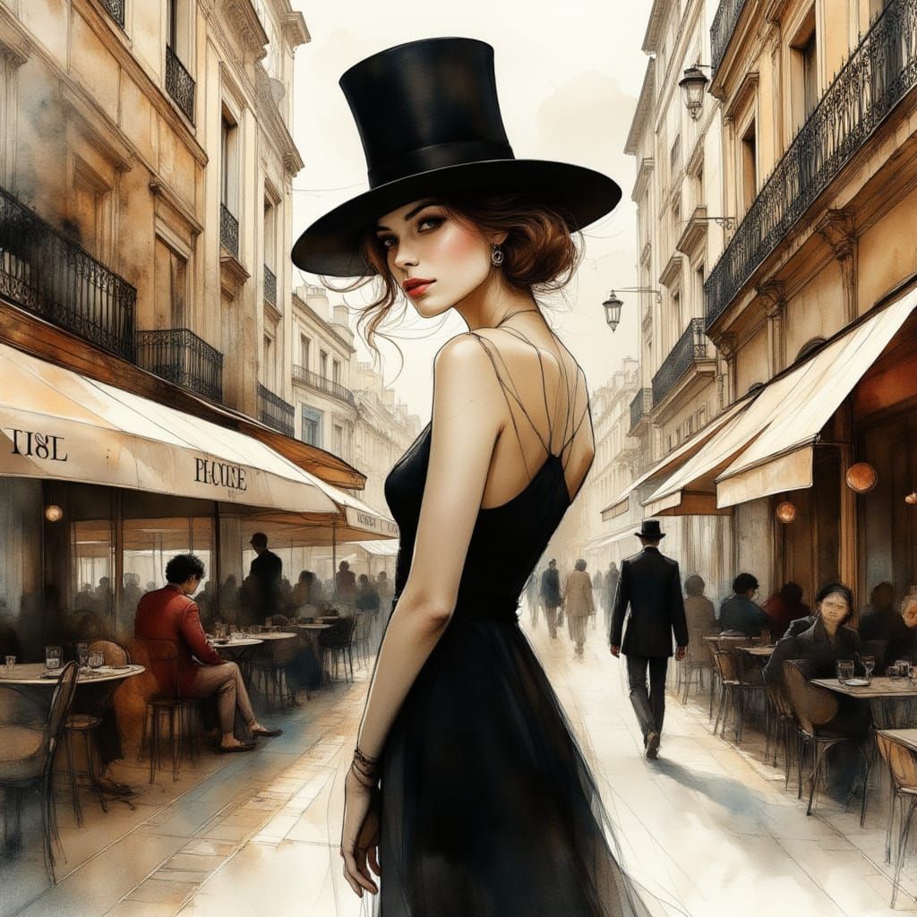 Elegant Woman in Black Dress and Top Hat on Parisian Street