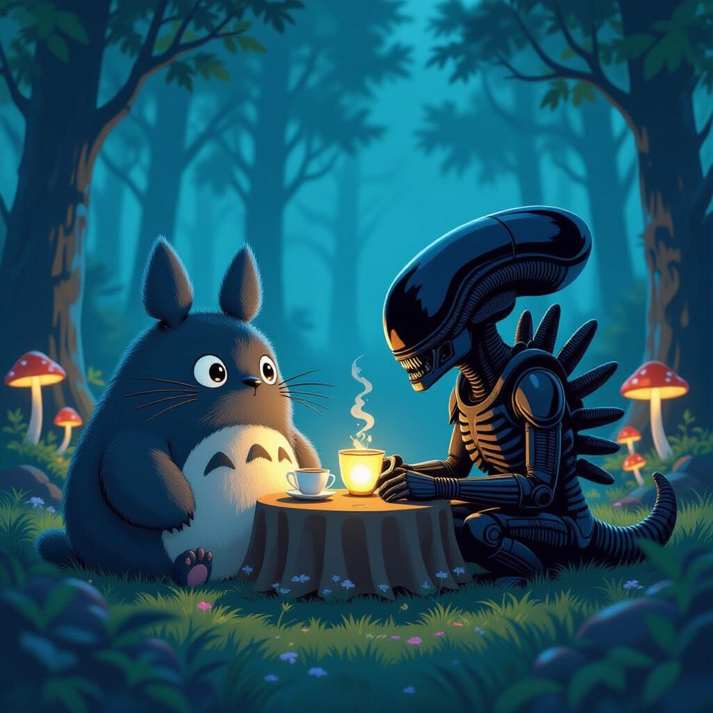 Totoro and Xenomorph Share Tea in Enchanted Forest