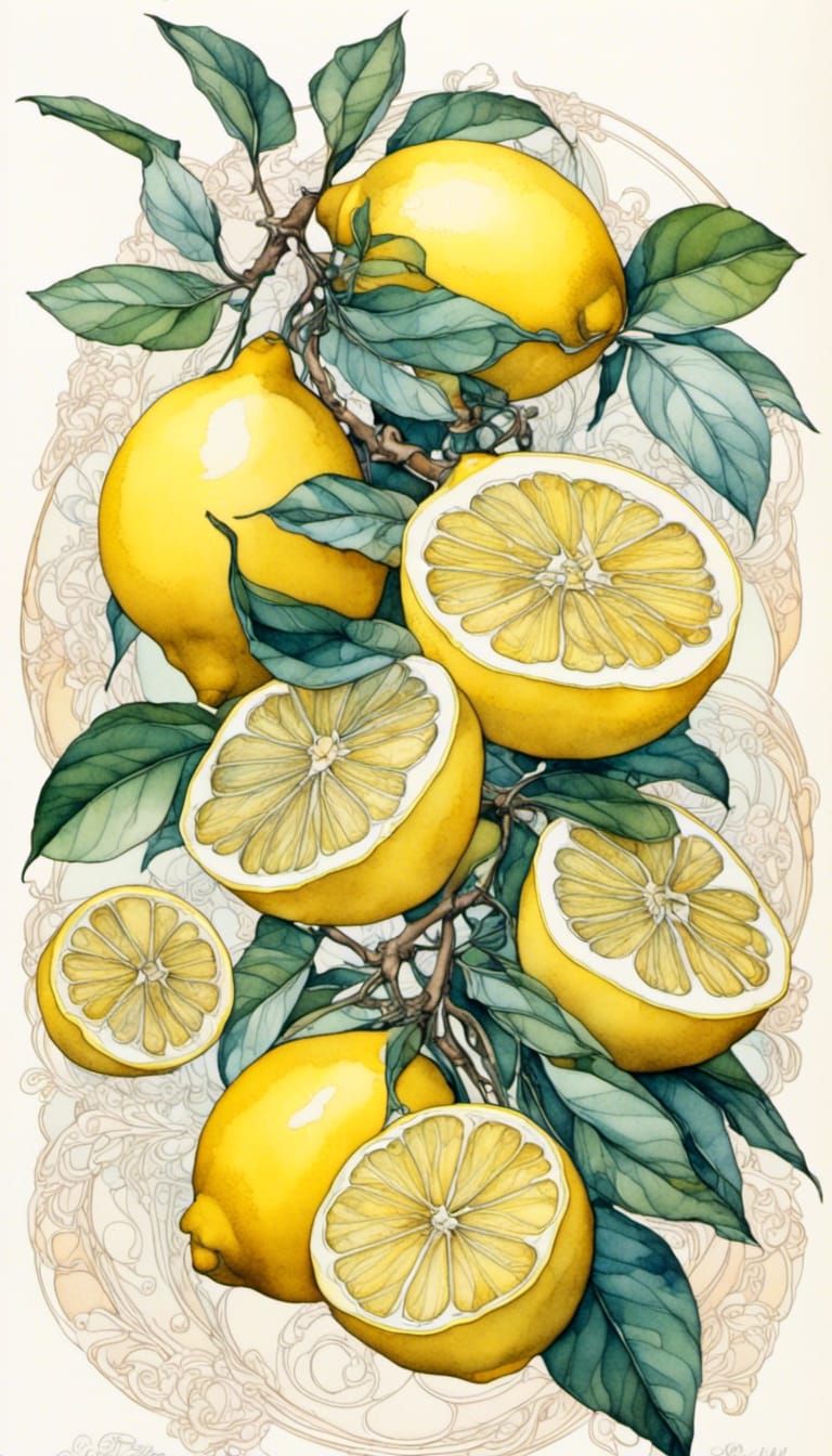 Botanical Illustration of Lemon Slices in Art Nouveau