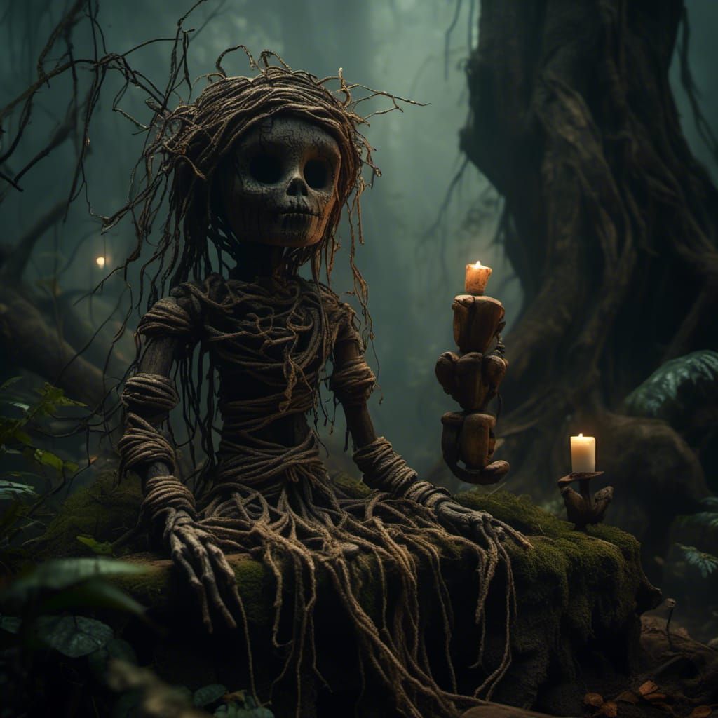 Eerie Voodoo Doll in Misty Jungle, Dark Fantasy Art