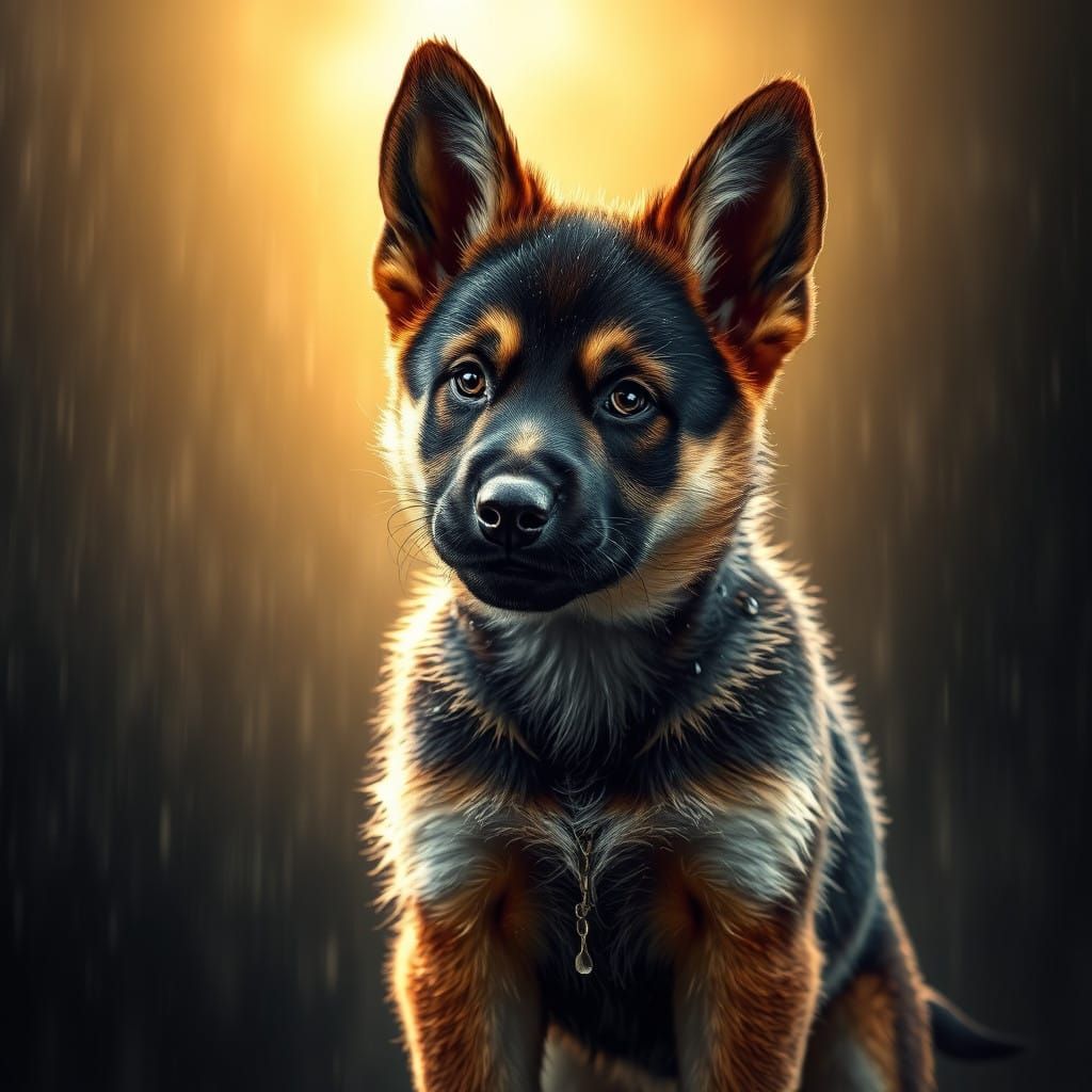 Fierce German Shepherd Puppy in Dramatic, Rainy Landscape