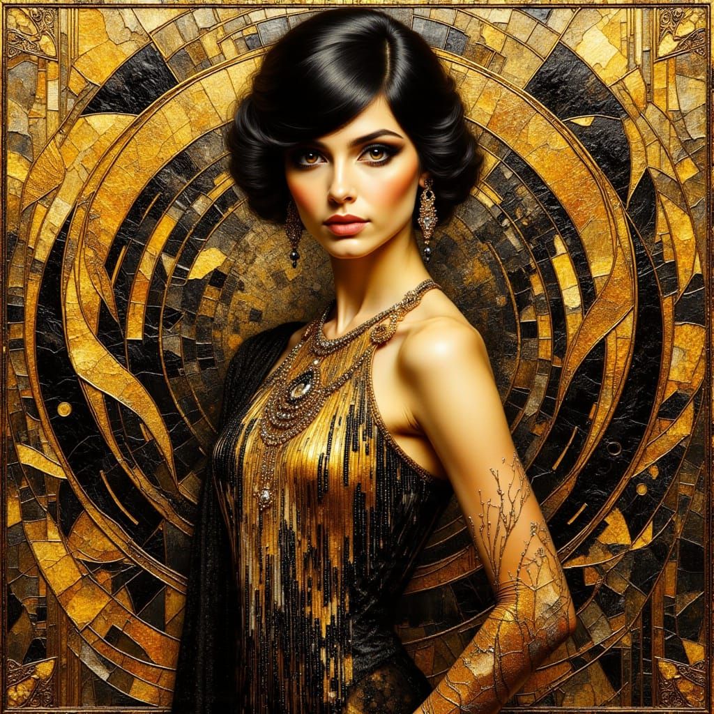 Art Deco Woman in Black and Gold Couture
