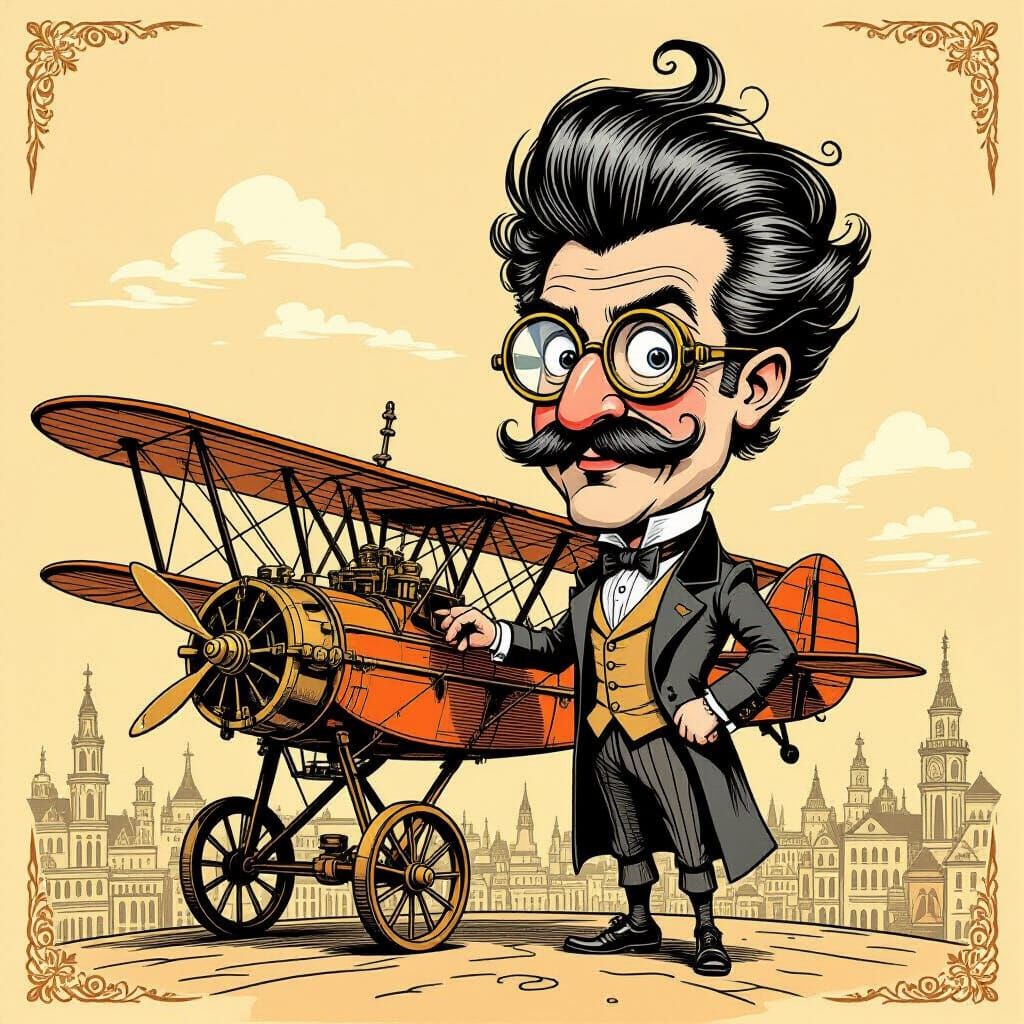 Victorian Inventor With Flying Machine Storybook Illustratio...