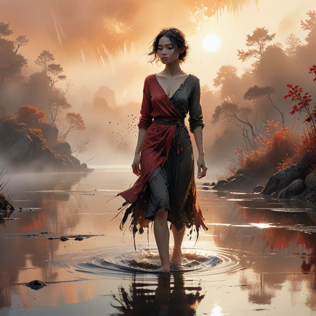 Impressionist Gouache of Woman in Misty Dawn