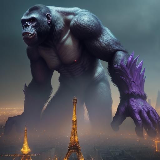 King Kong Climbs Eiffel Tower: Dark Fantasy Art