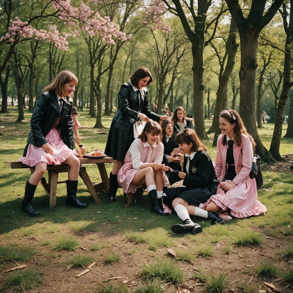 School Girls Picnic in Brittany: Cinematic Film Still