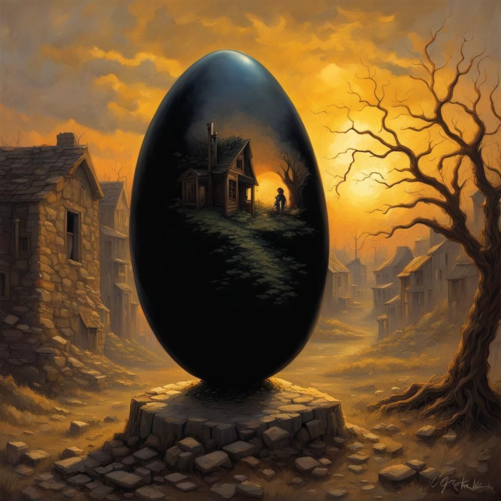 Black Silk Egg in Village Ruins at Sunset