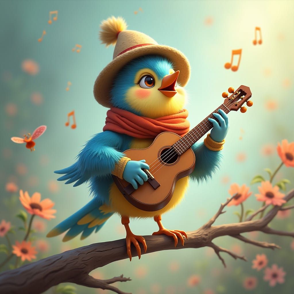 Whimsical Bird Performs on a Shimmering Instrument