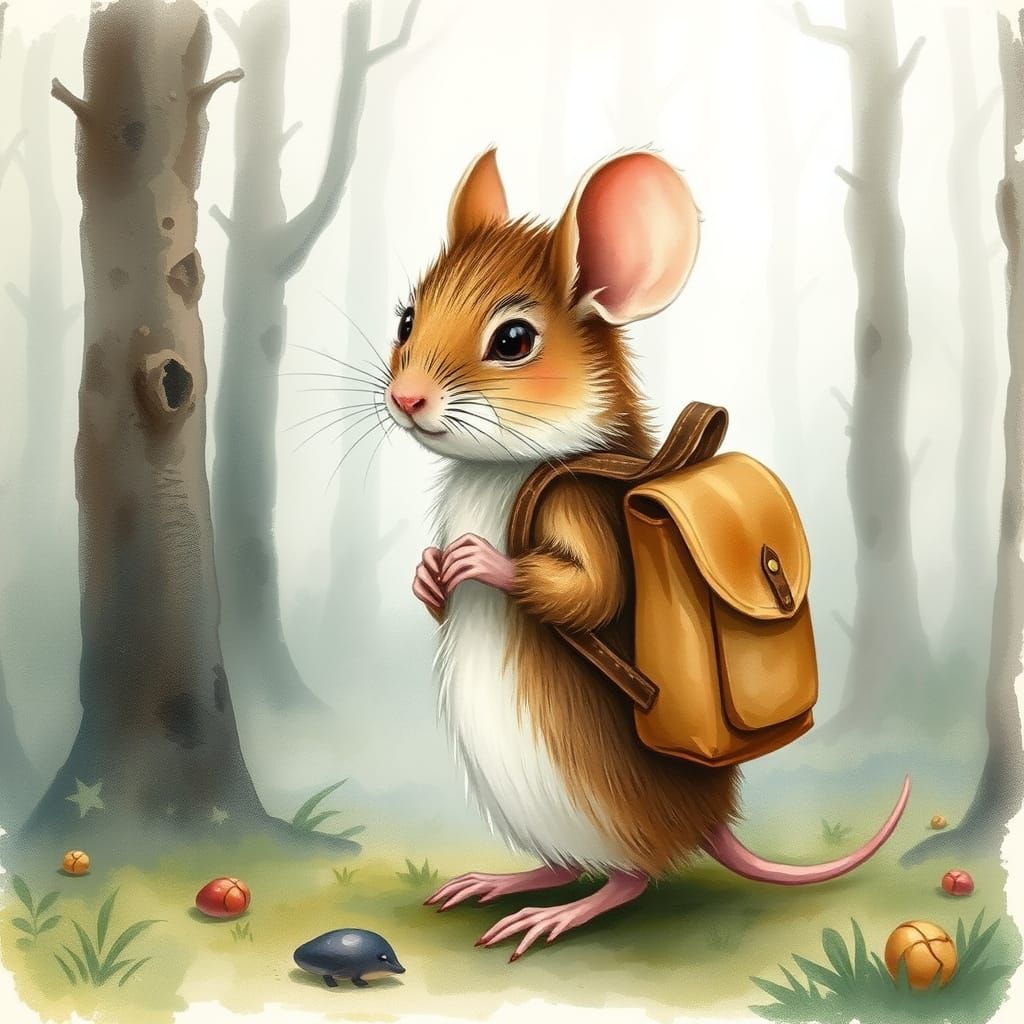 Mouse with Backpack in Misty Forest, Watercolor Style