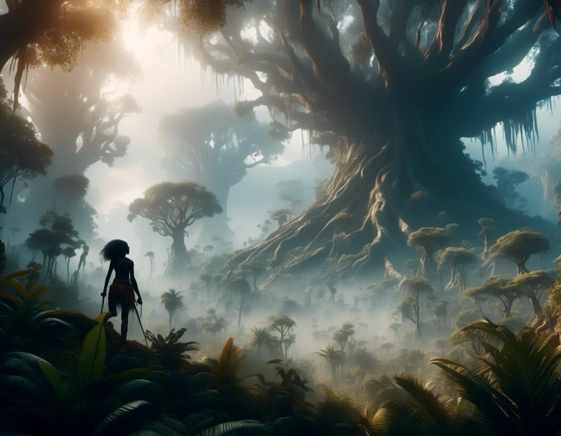 African Tribeswoman in a Mysterious Prehistoric Forest