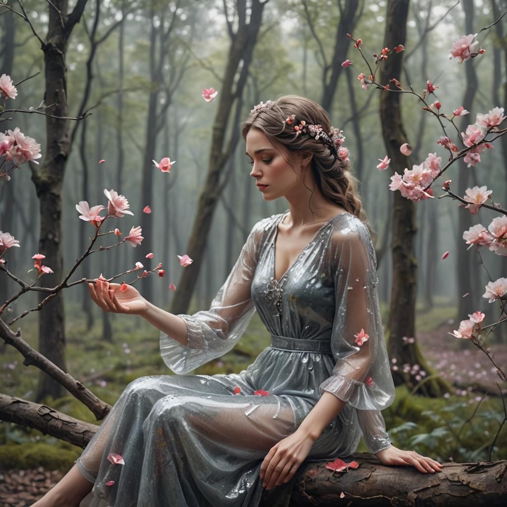 Glass Woman with Flowers in Realistic Landscape Painting