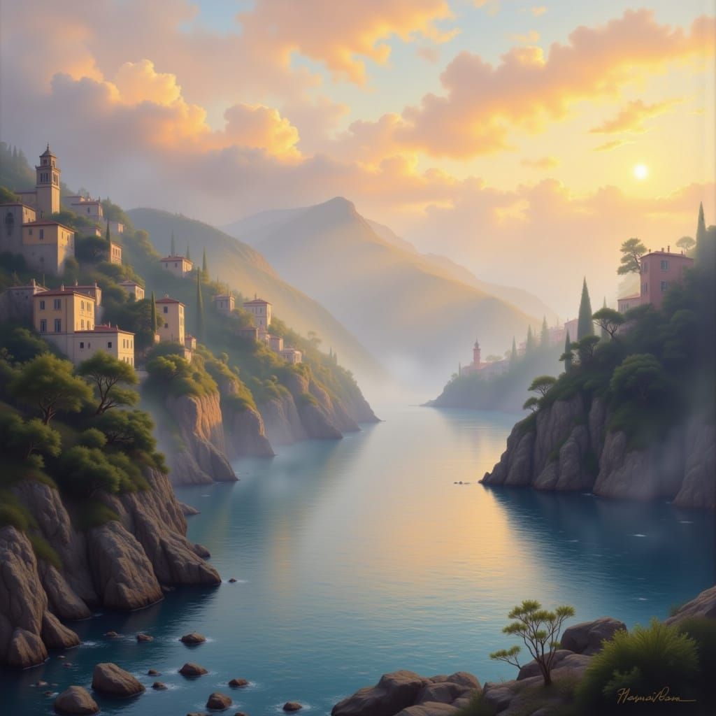 Sorrento Coastline at Sunrise in Matte Painting Style