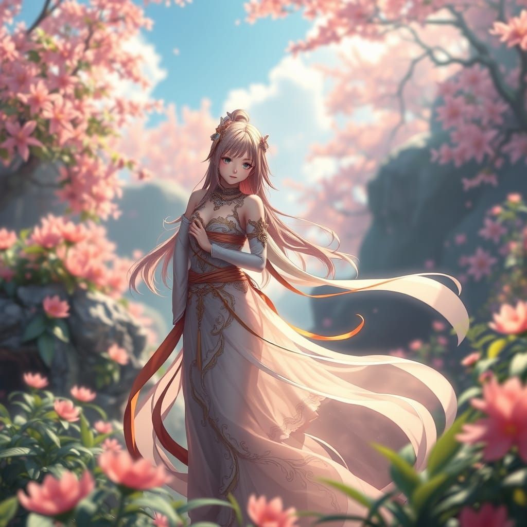 Mystical Anime Heroine in Lush Environment: 3D Art