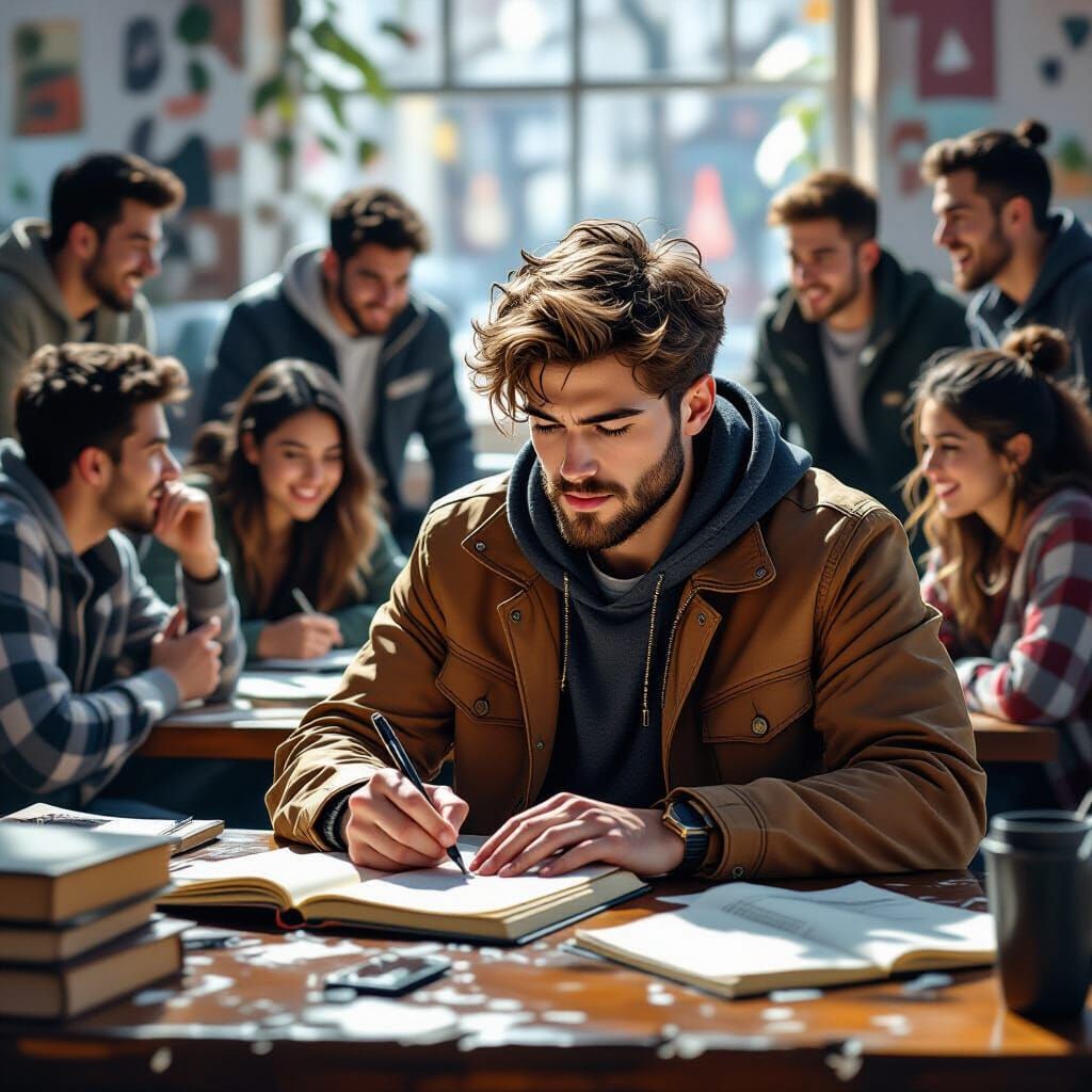 Studious Student Amidst Lively Discussion, Concept Art