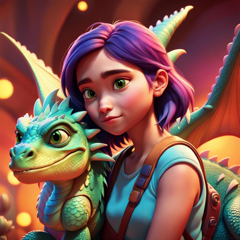 Girl and Dragon: Pixar-Inspired 3D Fantasy Art