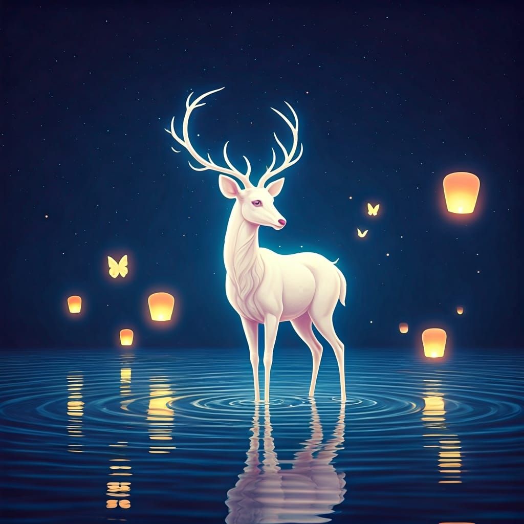 Serene White Deer in Japanese Fantasy Style