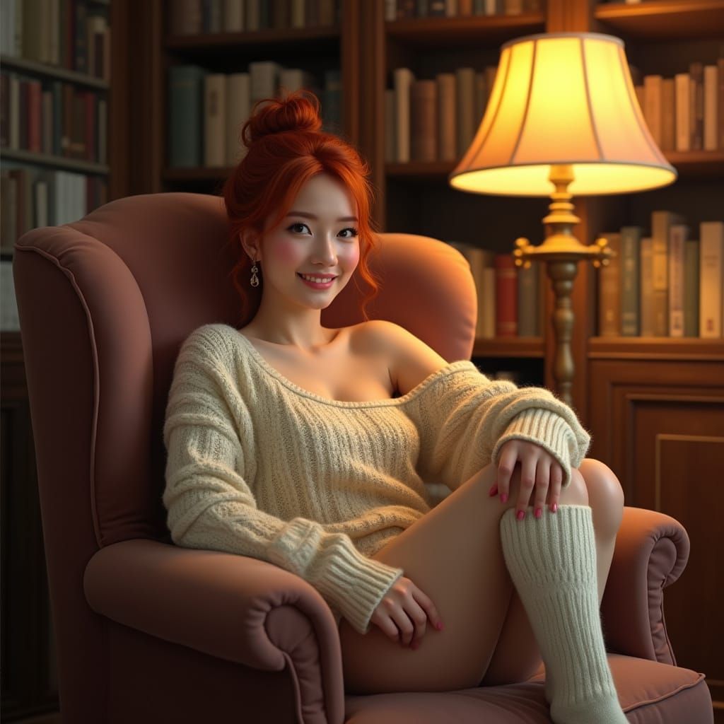 Sensual Woman Relaxing in a Cozy Study