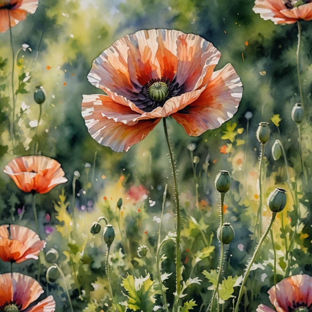 Impressionistic Watercolor: A Single Poppy in Bloom