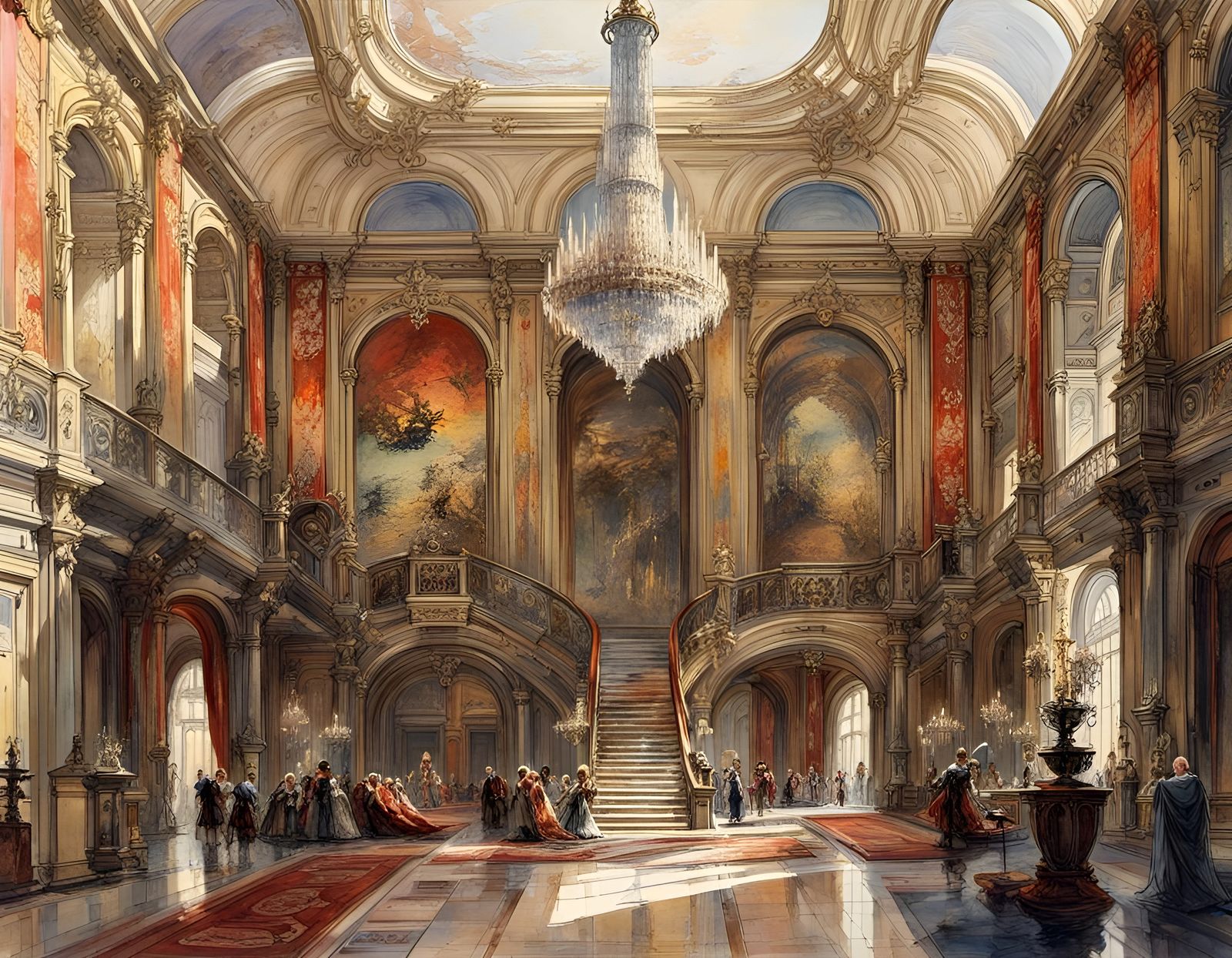 French Palace Hall Interior in Watercolor Style