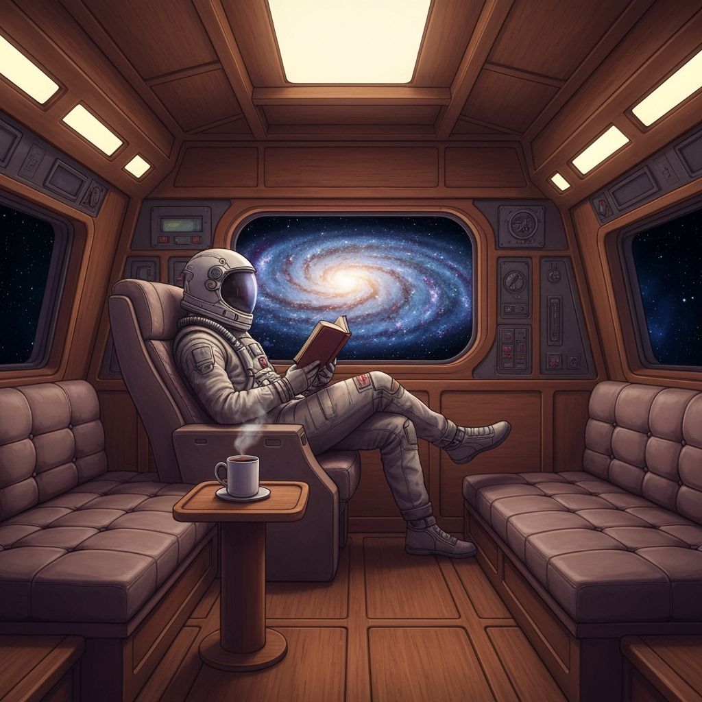 Cozy Spaceship Cabin with Astronaut Reading