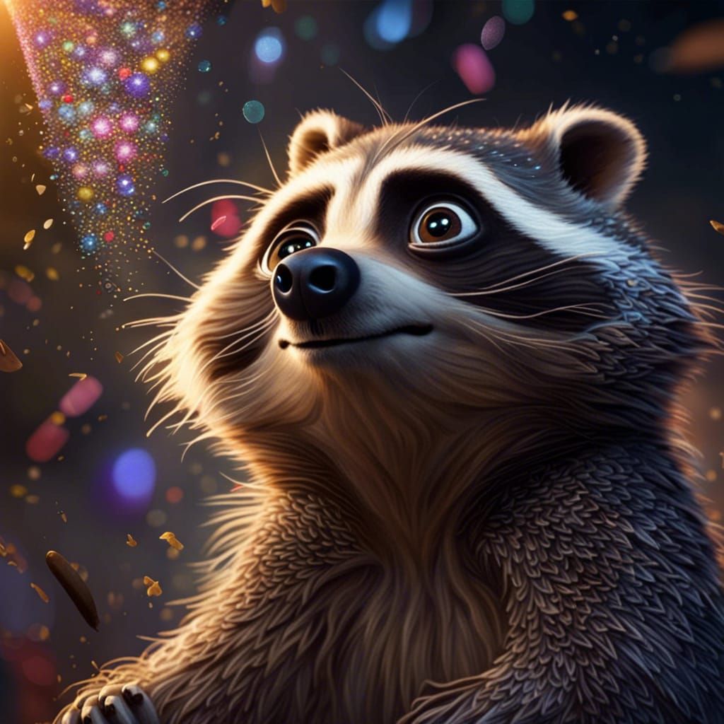 Raccoon's Glittering Wonder: A Pixar-Style Masterpiece