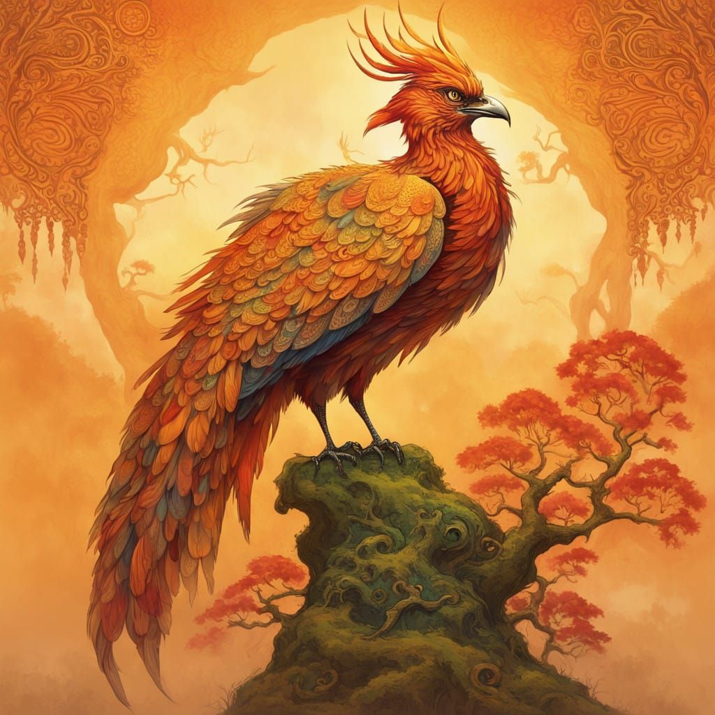 Majestic Phoenix Bird perched on Ancient Tree Branch in Vibr...