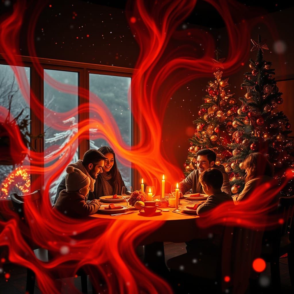 Cosmic Family Christmas Scene in Vibrant, Swirling Colors