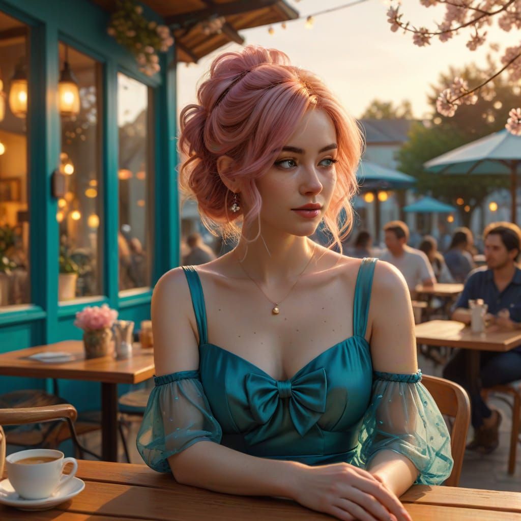 Whimsical Cafe Scene in Golden Hour