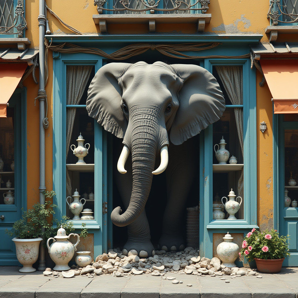 Elephant Crashes Through Porcelain Shop in Whimsical, High-C...