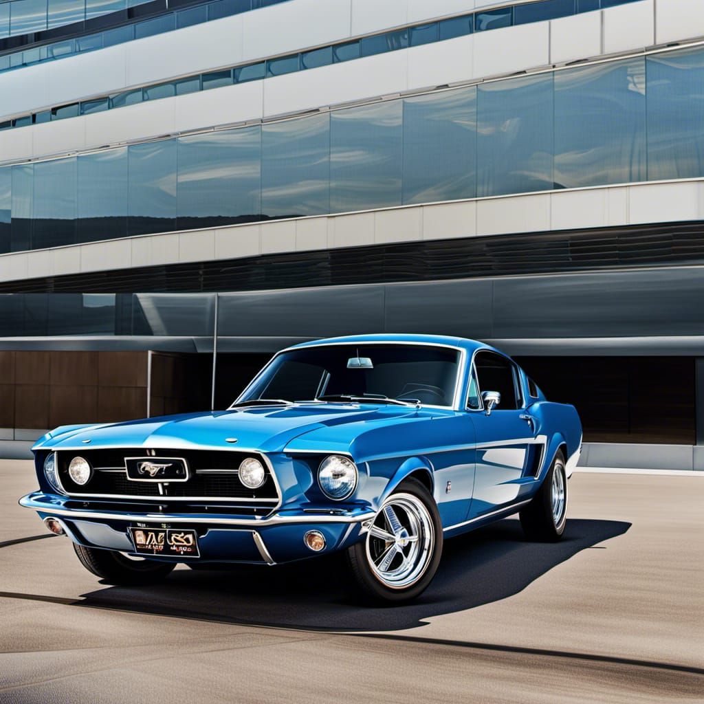 Blue 1967 Ford Mustang Fastback in Anime Style